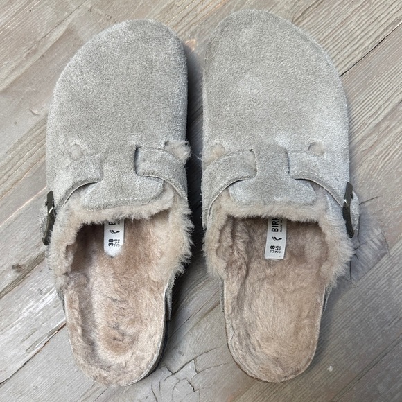 Birkenstock Boston Taupe Suede Shearling Lined Mule Clog 38 - Picture 2 of 11